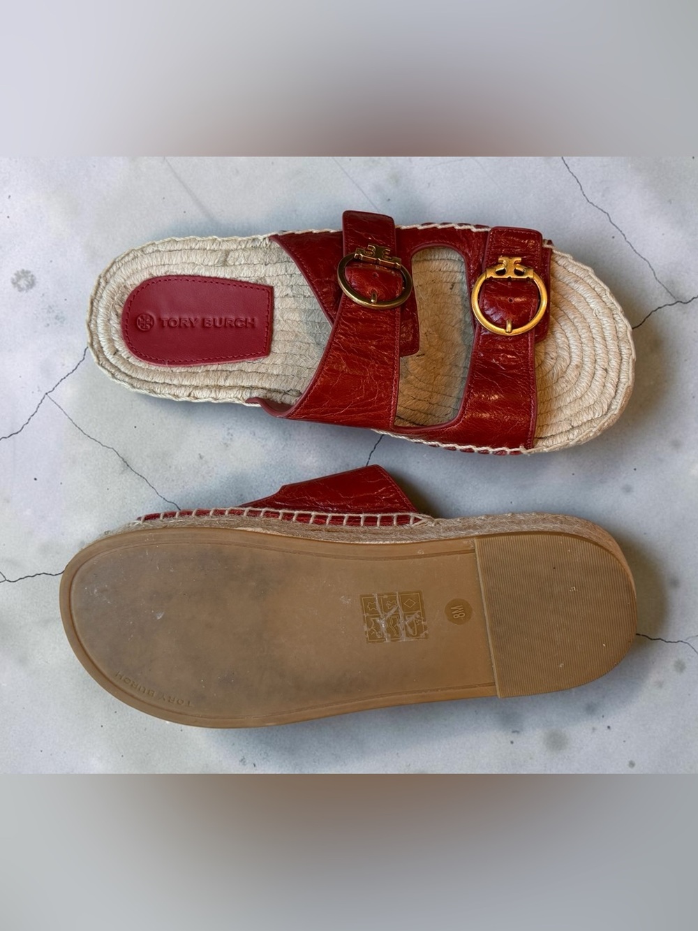 ✨ Tory Burch✨ Selby Two-Band Red Leather Espadrille Slide Sandals – Size 8M - Picture 12 of 12